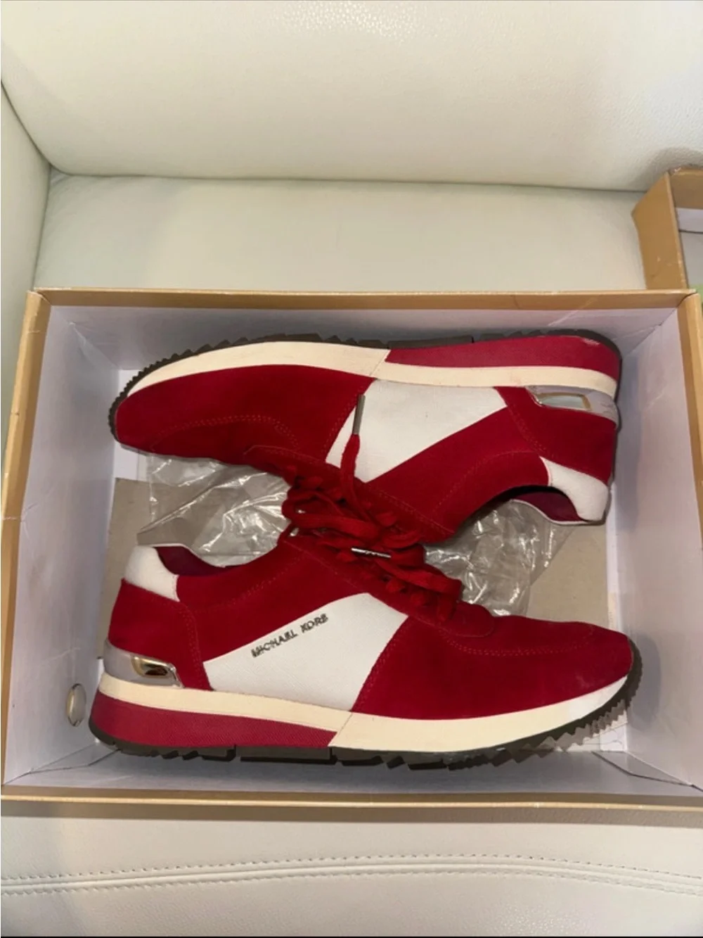 MICHAEL KORS RED & WHITE SUEDE LACE-UP SNEAKER